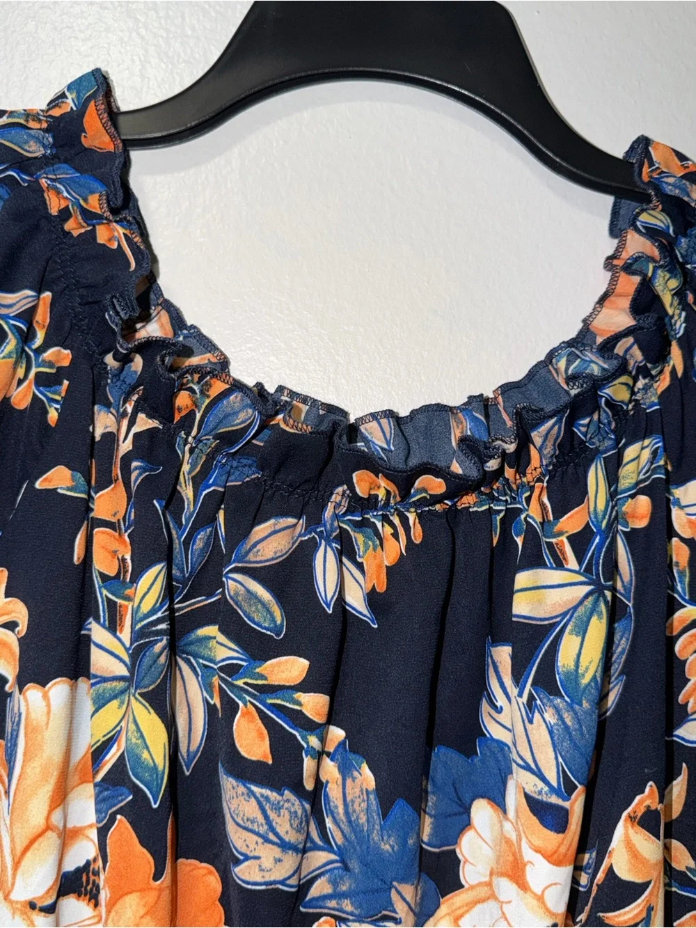 SHEIN Navy Floral Off-Shoulder Jumpsuit with Orange Blooms - Picture 7 of 8